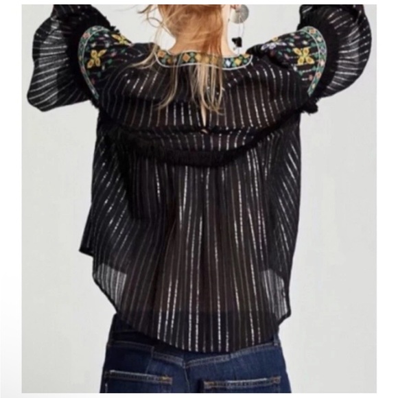 Zara Black Embroidered Bell Sleeved Fringed Boho Festival Top Small - Picture 2 of 7